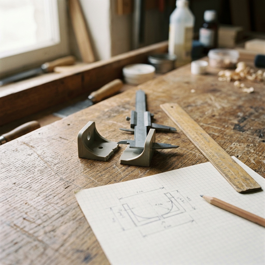 Sur un établi en bois, une pièce en plastique cassée en deux morceaux, un pied à coulisse qui en mesure un, une règle et un croquis coté à la main sur papier quadrillé.