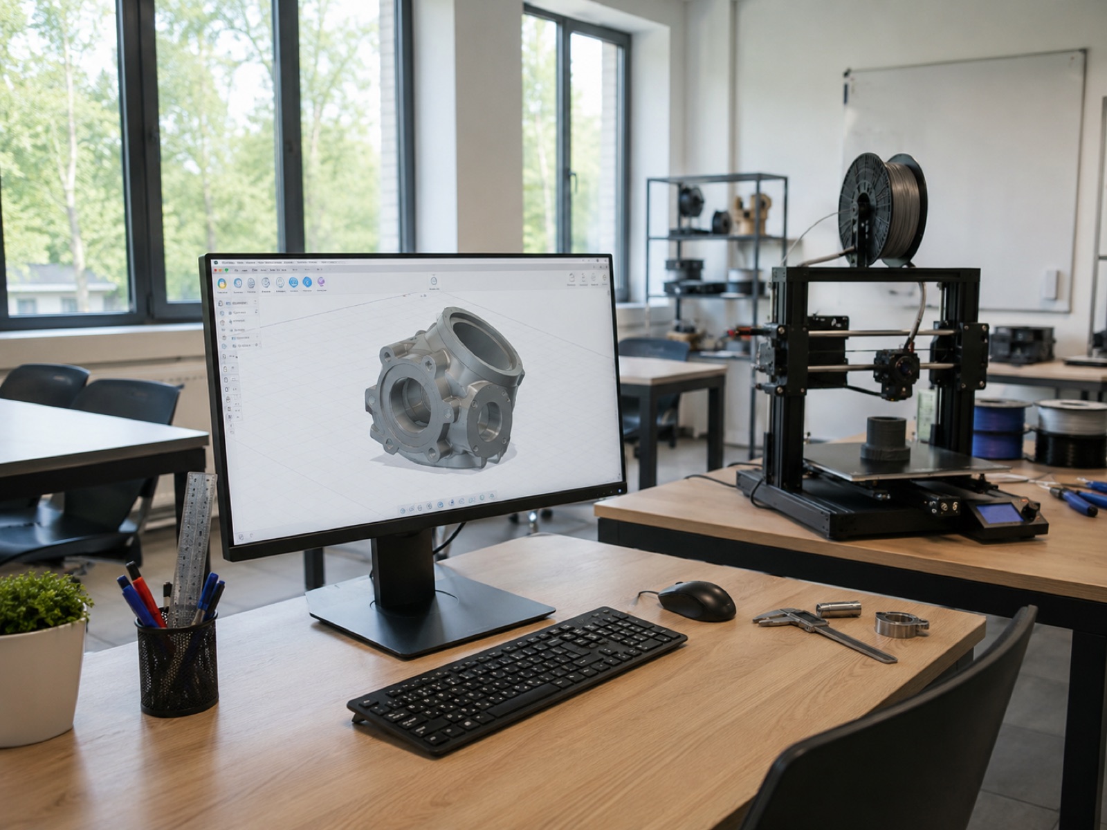 Salle de formation avec poste de conception 3D et imprimante FDM