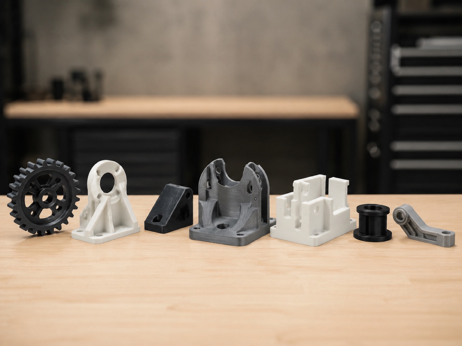 Pièces industrielles imprimées en 3D alignées sur une table d'atelier