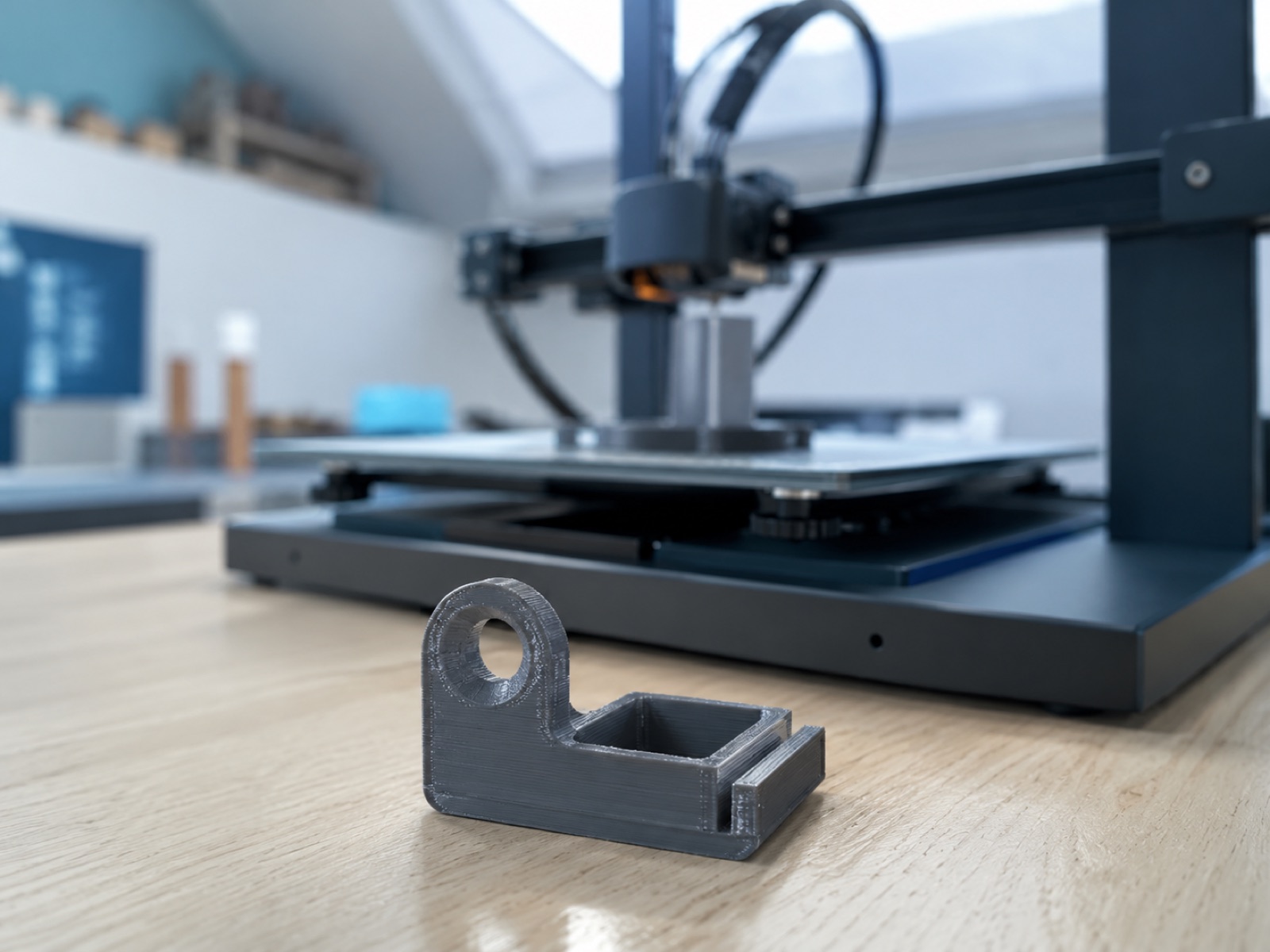 Première pièce imprimée en 3D qui vient de se détacher du plateau d'une imprimante FDM
